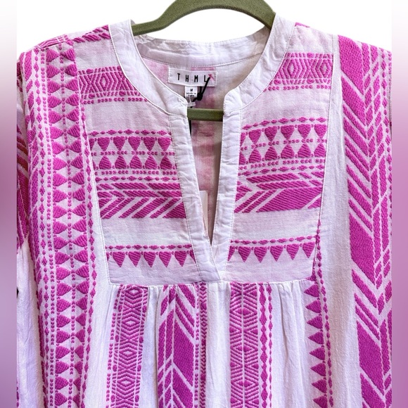 THML Women’s Pink and White Embroidered Boho Drop Waist Mini Dress sz M - Picture 2 of 13